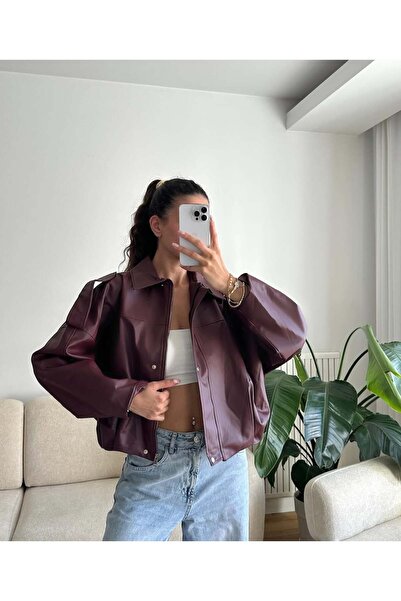 MEECY Γυναικείο δερμάτινο μπουφάν με λεπτομέρεια New Season Bomber