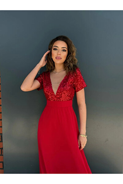 ARONA Women's Short Sleeve Deep V Neck A-Line Pulpayet Detail Chiffon Bridesmaid Dress