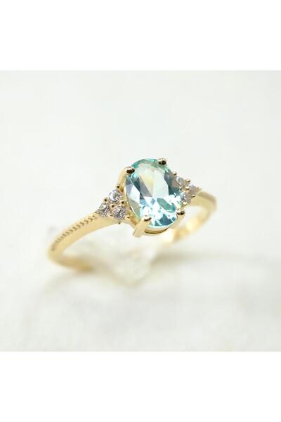 FasekGold Gümüş Yüzük - Oval Kesim Blue Topaz Yan Zirkon Taşlı Modern Tasarım 925 Ayar Gümüş Kadın Yüzük