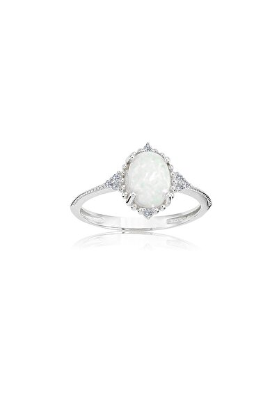 FasekGold Beyaz Oval Taşlı Prenses Gümüş Yüzük-Opal Taşlı Prenses Tasarım Yüz...