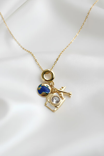 özgül takı ve tasarım Paslanmaz Çelik Altın Renk Seyahat Temalı Kadın Kolye