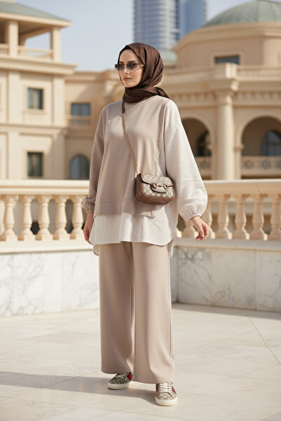 Aselim Hijap Moda Ριγέ πουκάμισο Λεπτομερές Τουνίκ Διπλό Σετ |   Μπεζ με τσέπες, φαρδιά πόδια και τουνίκ