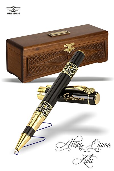 MELL & SWIPE Kişiye Isme Özel Baskılı Ahşap Oyma Kutulu Lüks Hediyelik Prestij Şık Roller Kalem Set Siyah