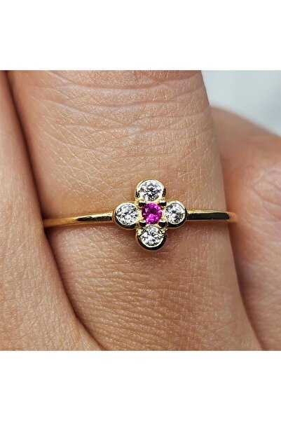 FasekGold Gümüş Yüzük - Minimal Papatya Ruby Taşlı (Lal Taşı) 925 Ayar Gümüş Yüzük