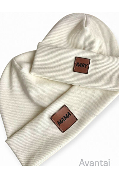 Mustran 95% Cotton Handcrafted Leather Label Mother Baby Beanie Set |   3–18 Months and Adult Gift