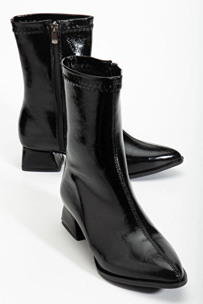 Halloween Kadın Siyah Sivri Burun Bot Kırışık Rugan Günlük Bot Boots