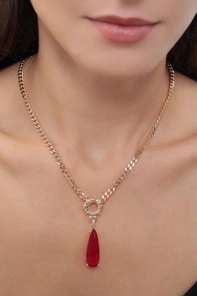 Bijuty Women's Special Cut Red Water Drop Necklace - Gold Color - (with Surprise Gift)