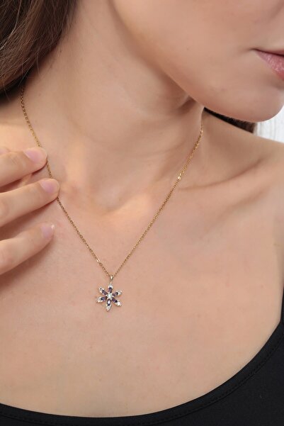 Bijuty قلادة لوتس نسائية مع حجر الجمشت وسلسلة فولاذية - لون ذهبي - (مع هدية مفاجئة)