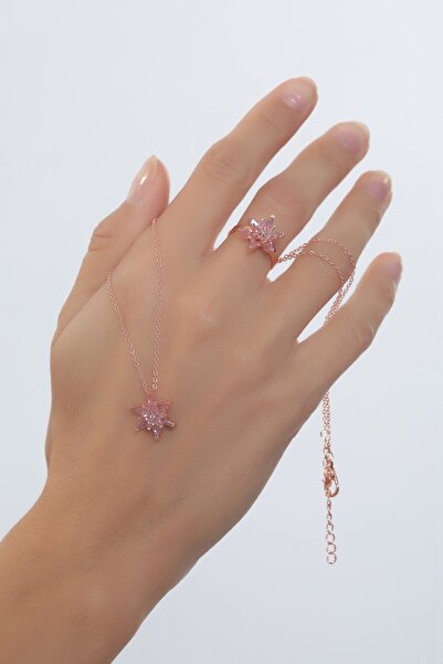 Bijuty Lotus Çiçeği Pembe Kolye Yüzük Set -14 K Rose Altın Renk - (SÜRPRİZ HE...