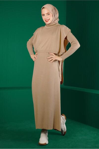 Alvina Πλεκτό Διπλό Φόρεμα με Πλισέ Λεπτομέρεια Δεσίματος - 43199