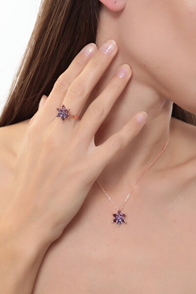 Bijuty Kadın Lotus Çiçeği Ametist Kolye ve Yüzük Set - Altın Rose Renk 2'li Takı Set (SÜRPRİZ HEDİYELİ)