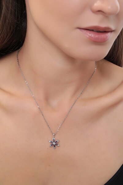 Bijuty قلادة لوتس نسائية مع حجر الجمشت وسلسلة فولاذية - لون فضي - (مع هدية مفاجئة)