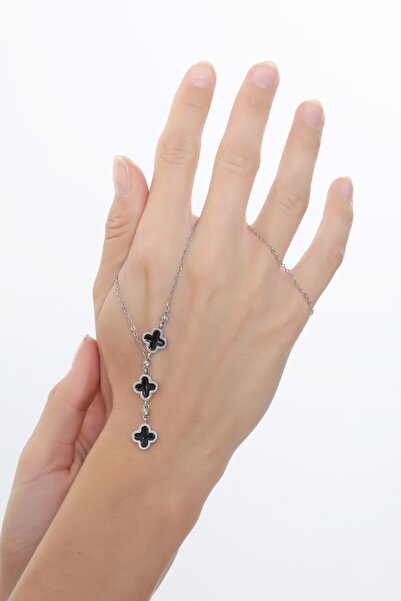 Bijuty Kadın Siyah Yonca Kolye - Gümüş Renk - (SÜRPRİZ HEDİYELİ)