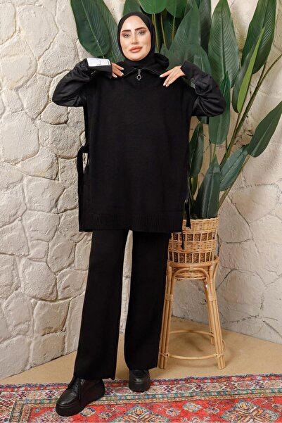 TRENDTESETTÜR WOMEN'S BLACK ZIPPER Detailed Sleeveless Knitwear PONCHO T 6208