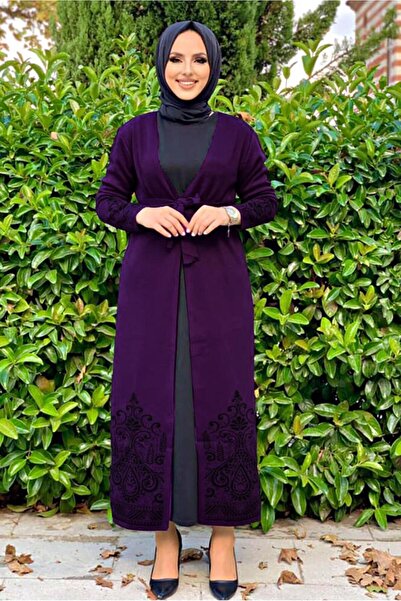 TRENDTESETTÜR KADIN MOR DESENLİ KUŞAKLI TRİKO HIRKA 35281-2