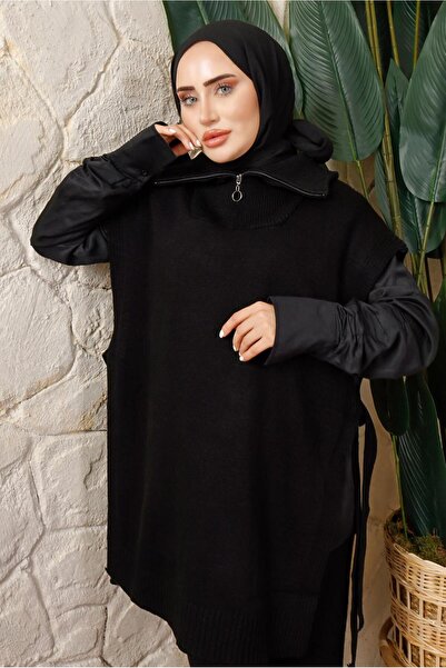 TRENDTESETTÜR WOMEN'S BLACK ZIPPER Detailed Sleeveless Knitwear PONCHO T 6208