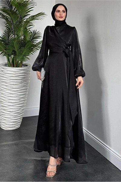 TRENDTESETTÜR KADIN SİYAH BAĞLAMA DETAYLI ABİYE ELBİSE T 9126