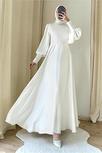 TRENDTESETTÜR Women's Ecru Balloon Sleeve Evening Dress T 7895-1