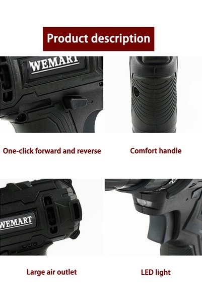 Wemart مثقاب لاسلكي متغير السرعة 48 فولت، قابض 25+3، عزم دوران أقصى 186 رطل، ظرف بدون مفتاح 3/8 بوصة، مصباح LED، 2