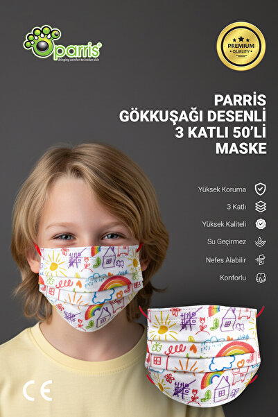 Parris Gökkuşağı Desenli Filtreli 3 Katlı 50'li Paket Telli Cerrahi Çocuk Mas...