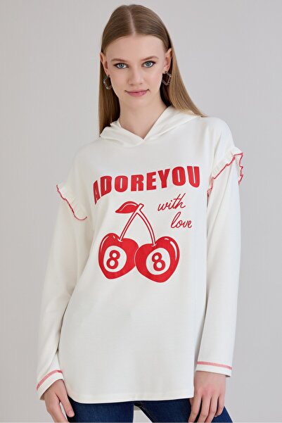 Sortie Γυναικείο φούτερ Cherry με τύπωμα Damla άνοιγμα Volanlı με κουκούλα Ecru