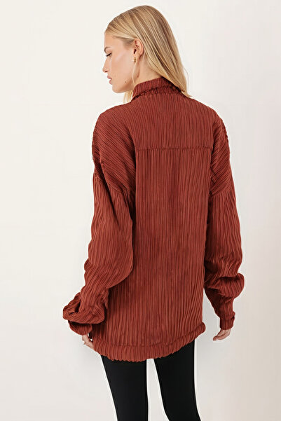 armonika Women's Brick Quilted Lined Velvet Jacket with Pockets ARM-24K001062