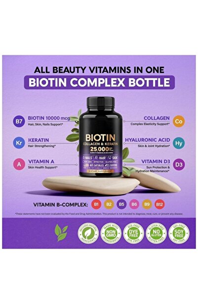 Biotin مكمل الكولاجين والكيراتين - للشعر والبشرة والأظافر، ٢٥٠٠٠ ميكروغرام، ٦٠ كبسولة