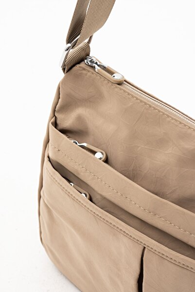 Sanmorris Crinkle Fabric 5 Compartment Sand Colored Crossbody Women's Bag - Hand and Shoulder Bag