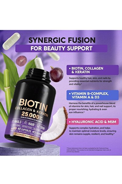 Biotin مكمل الكولاجين والكيراتين - للشعر والبشرة والأظافر، ٢٥٠٠٠ ميكروغرام، ٦٠ كبسولة