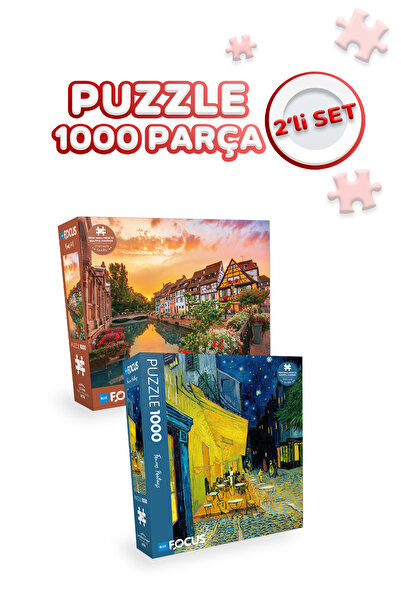 Blue Focus 2 Adet 1000 Parça Puzzle - Kafe Terasta Gece ve Colmar