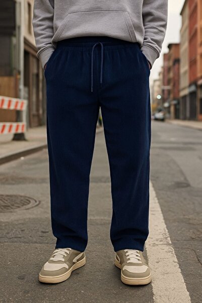 İLKCET MODA Velvet Navy Blue Men's Oversized Thick Trousers