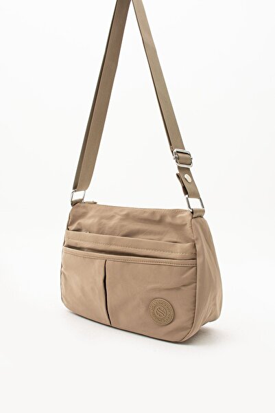 Sanmorris Crinkle Fabric 5 Compartment Sand Colored Crossbody Women's Bag - Hand and Shoulder Bag