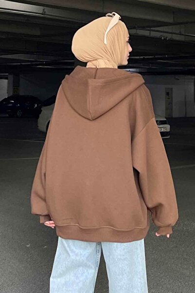 lamelif Ön Fermuarlı Düz Sweatshirt Acı Kahve