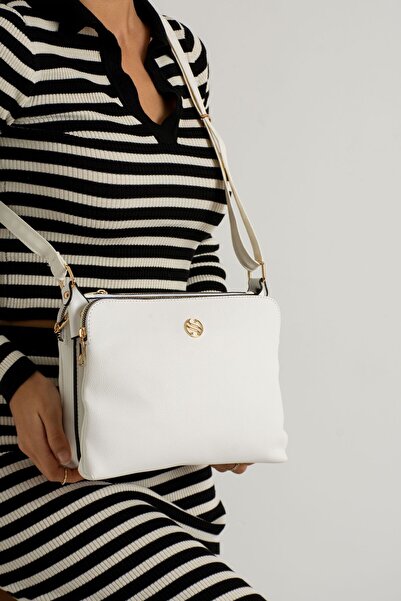 Sanmorris Geantă de umăr albă, din piele artificială, reglabilă, cu bretea crossbody compartimente și fermoar metalic