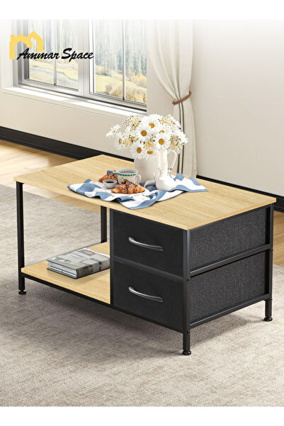 Ammar Space Coffee Table with Drawers for Living Room Brown Tables Rectangle Wood Table Metal Side End Table