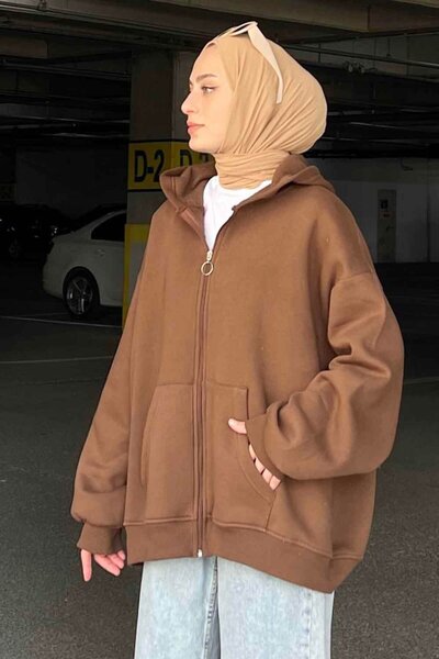 lamelif Ön Fermuarlı Düz Sweatshirt Acı Kahve