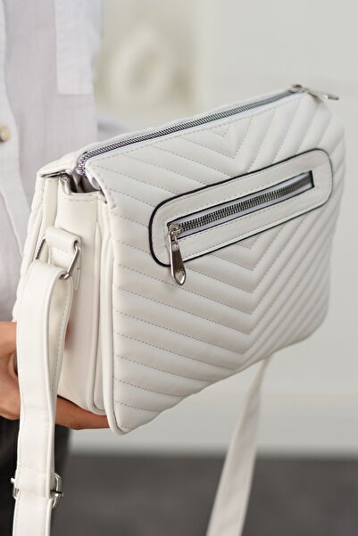 Sanmorris Women's Faux Leather Quilted Patterned Adjustable Crossbody Strap 3 Compartment White Matte Shoulder Bag