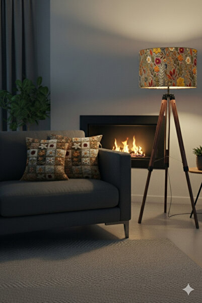 AdOz Lighting El Yapımı Sonbahar Çiçekleri Desenli Kumaş Lambader Başlığı ( Sadece Başlık )