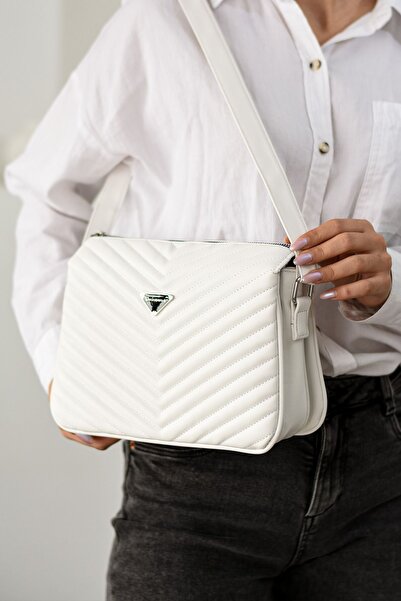 Sanmorris Women's Faux Leather Quilted Patterned Adjustable Crossbody Strap 3 Compartment White Matte Shoulder Bag