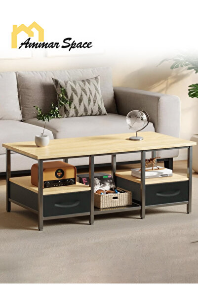 Ammar Space Coffee Table with 2 Fabric Drawers, 2-Tier Central Table with Storage Shelves,Living Room Table