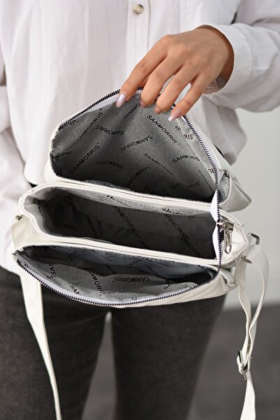 Sanmorris Women's Faux Leather Quilted Patterned Adjustable Crossbody Strap 3 Compartment White Matte Shoulder Bag