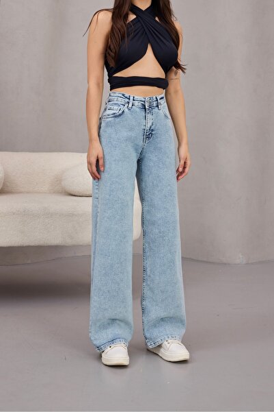 alanora Kadın Yüksek Bel Kar Yıkama Likralı Geniş Paça Palazzo Jeans