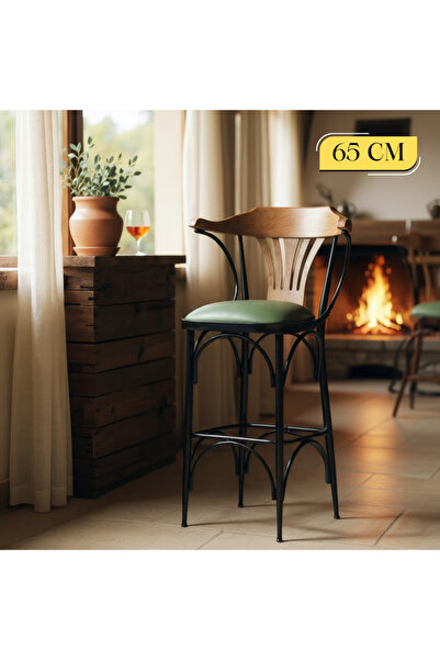 DENGEMA 169/65 Özel Üretim Bar Taburesi / Sandalyesi – 65 cm Yükseklik Yeşil Deri, Ahşap Sırt, Metal Ayak