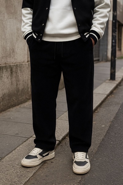 İLKCET MODA Кадифени черни мъжки панталони с голям размер и дебел плат