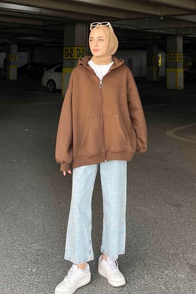 lamelif Ön Fermuarlı Düz Sweatshirt Acı Kahve