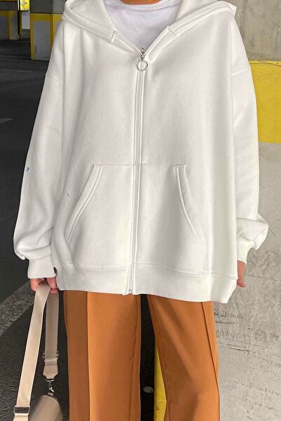 lamelif Λευκό απλό φούτερ - Με φερμουάρ μπροστά