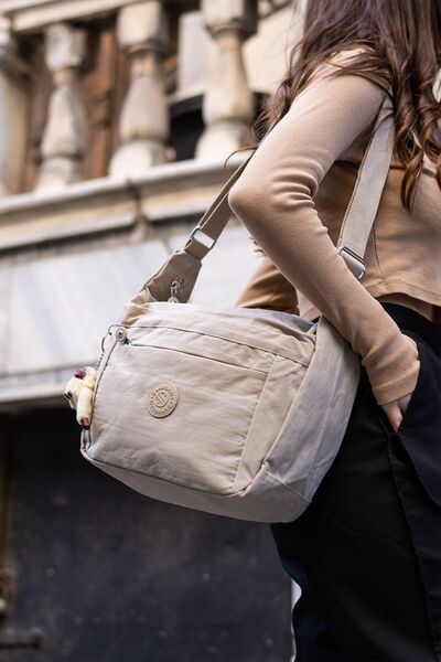 Sanmorris Women's Water Resistant Fabric Multi-Compartment Cross Strap Beige School Travel and Shoulder Bag