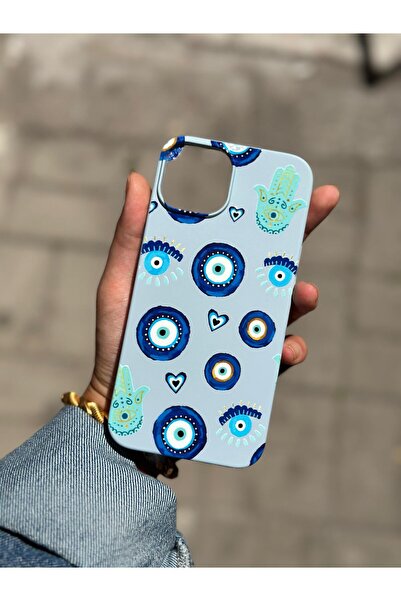 İphone 15 Uyumlu Nazar Desen Tasarımlı Yüksek Kalite Lansman Içi Kadife Kılıf