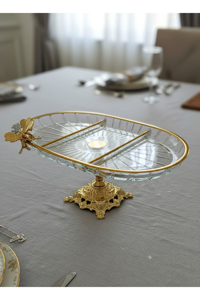 Elta Collection Lüx Hediyelik Metal Ayaklı Gold Oval Kelebekli Sunumluk Kurabiyelik - Yeni Serisi