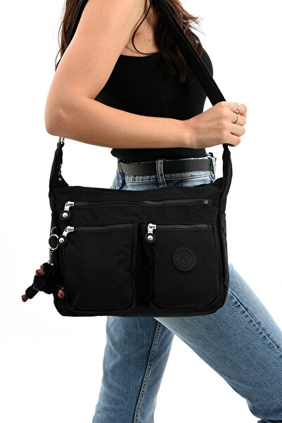 Sanmorris Large Size Black Crinkle Shoulder Bag - Water Resistant